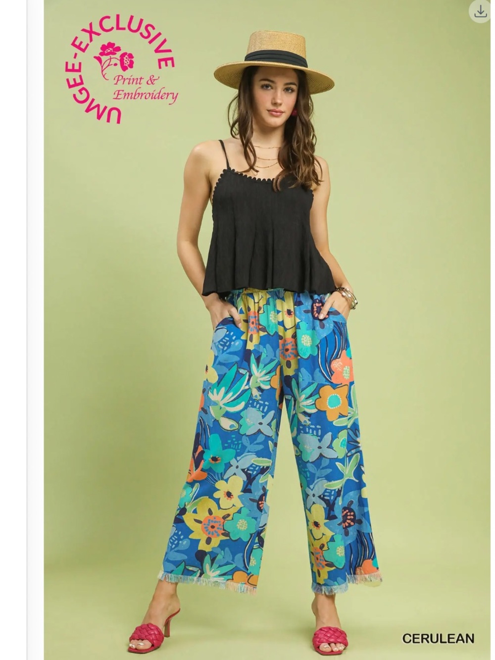 C6190 C Umgee Floral Print Wide Leg Pants Various Sizes